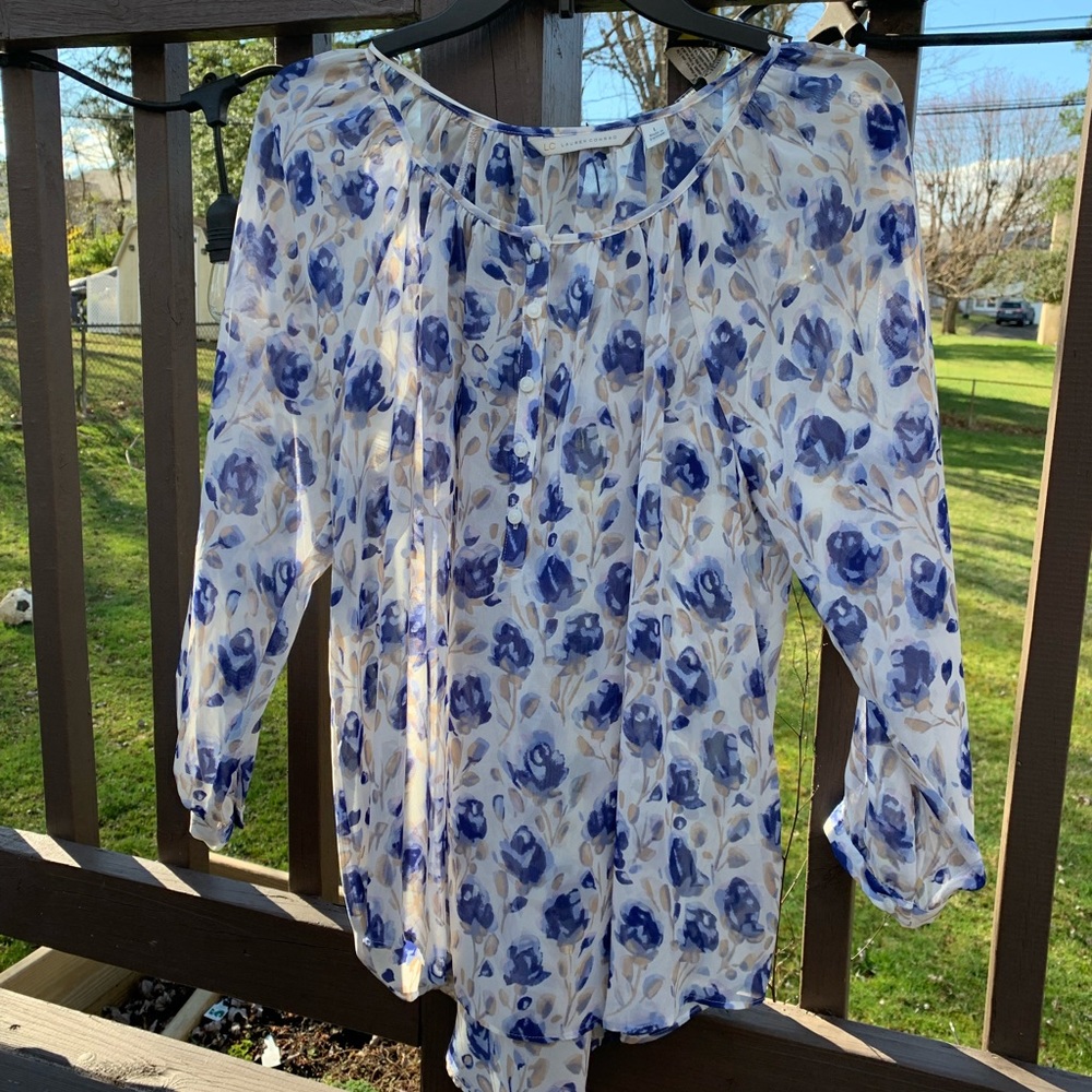 LC Lauren Conrad Long Sleeve Sheer Blue Floral Blouse